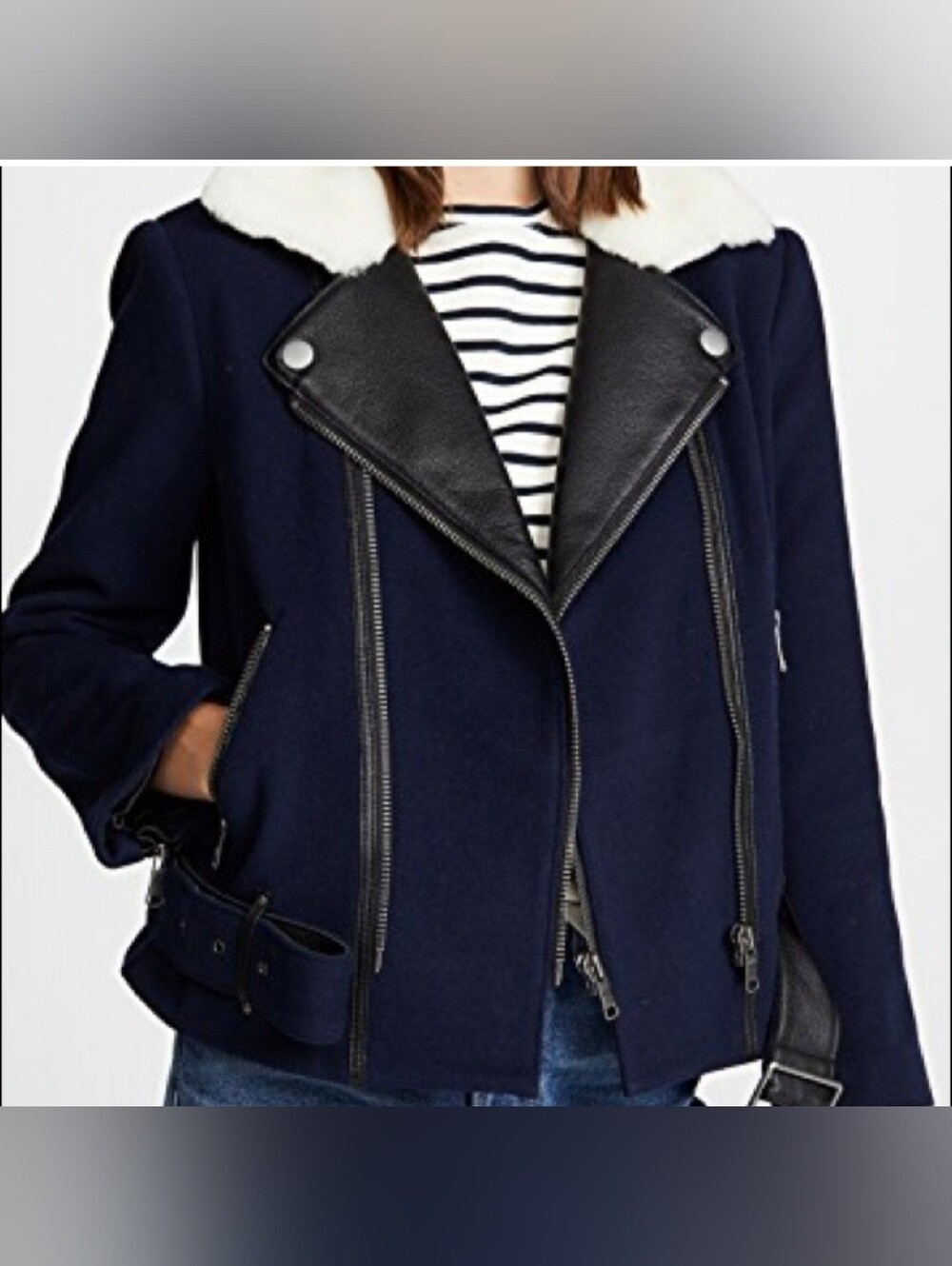 Joie Navy Moto Jacket with Cream Shearling Collar and Black Trim